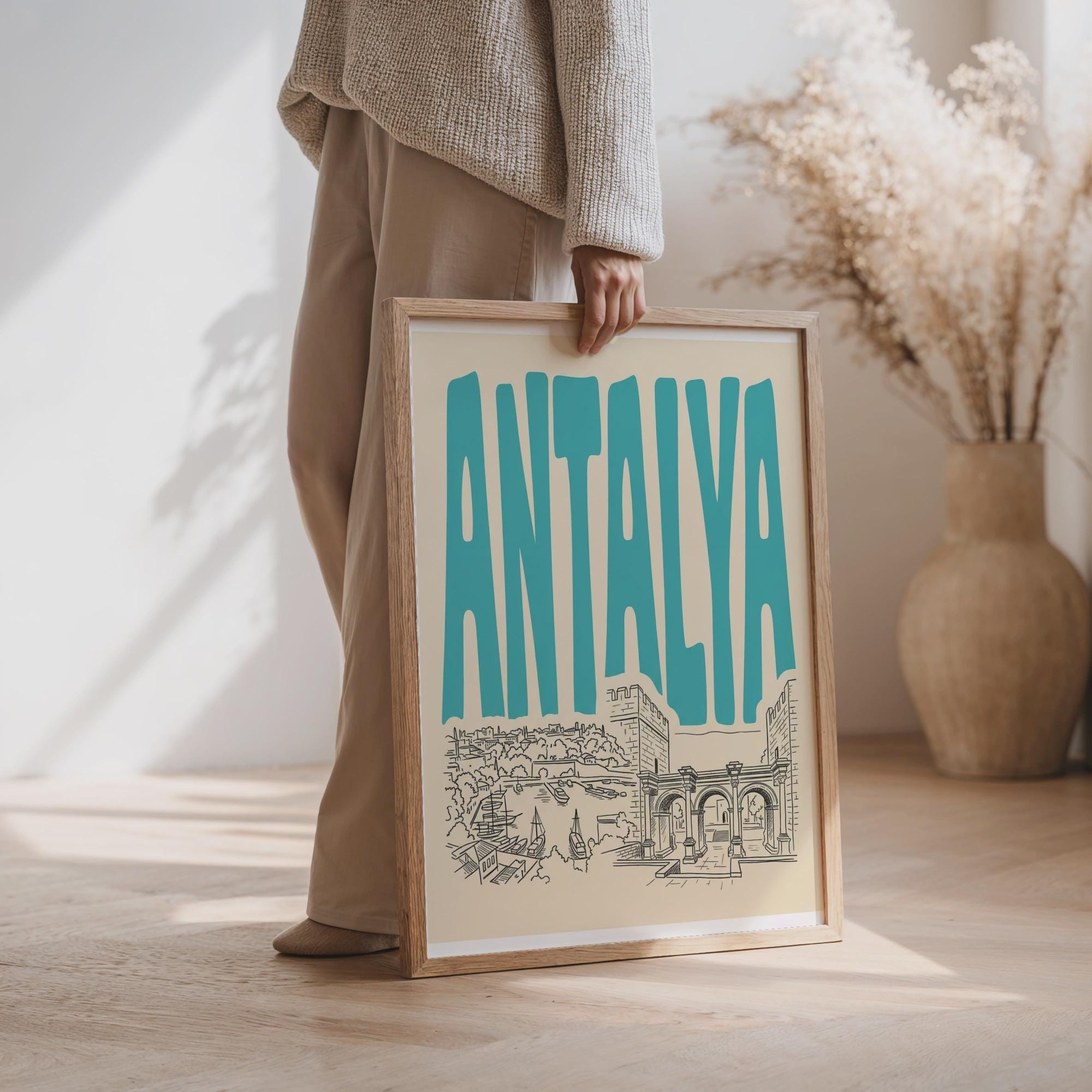 Antalya Turkey Wall Art, Retro Travel Poster, Framed Canvas Print