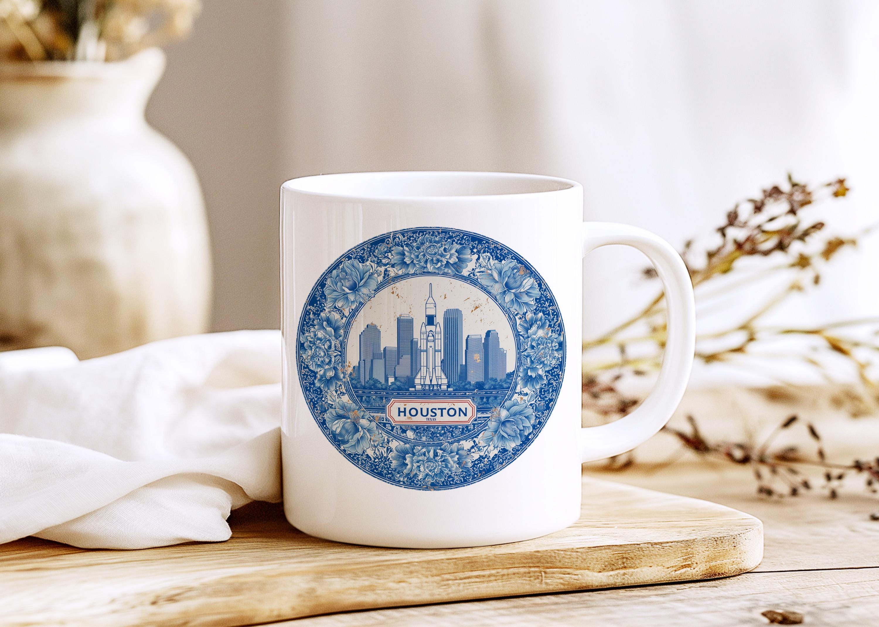 Houston Texas Mug, Custom Delft Style cup, Personalized Vintage Travel City Gift