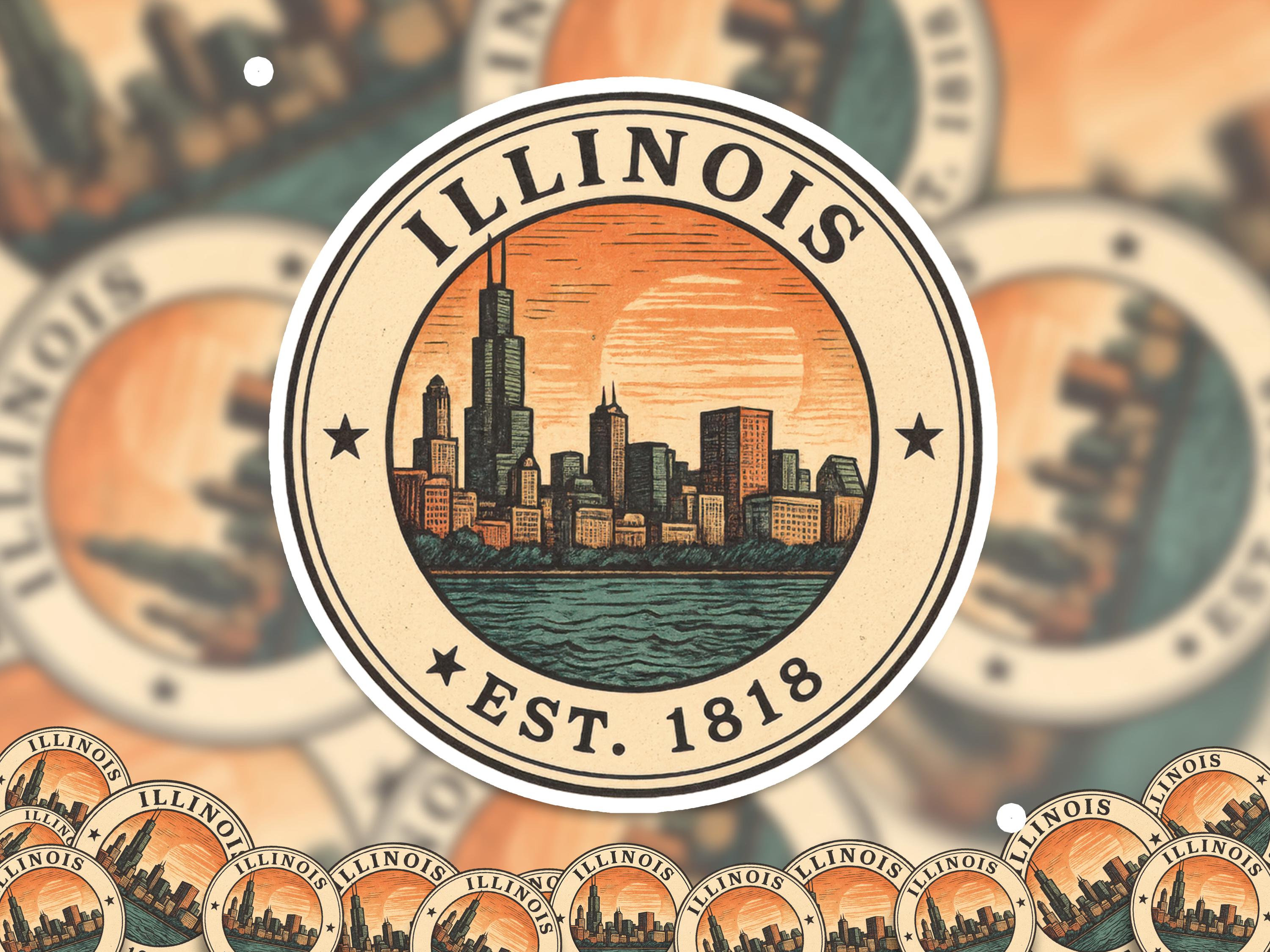 Illinois Sticker, Vintage US States Retro Decal, Waterproof Retro Travel Collection for Laptop Tumbler