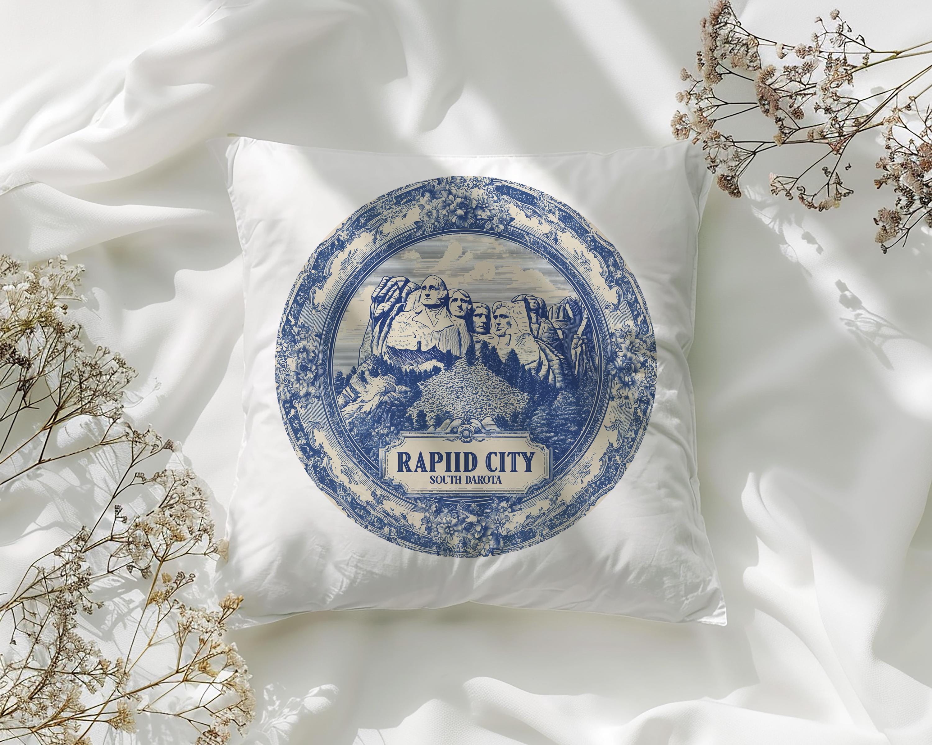 Rapid City South Dakota Pillowcase, Delft Style Decorative Throw Pillow, Vintage Cityscape Retro Home Decor