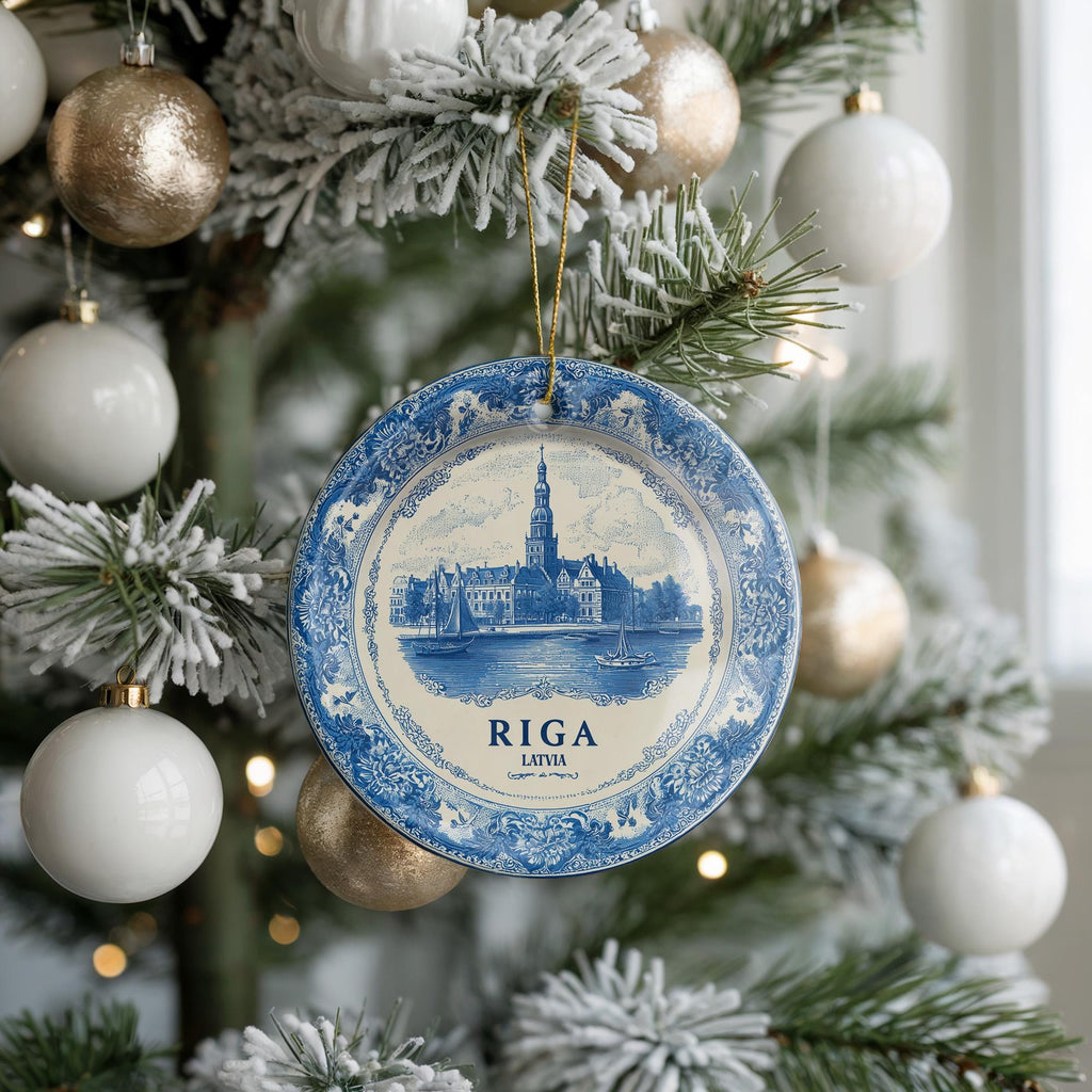 Custom Riga Latvia Ceramic Delft Ornament, Christmas Delftware Blue Delftware city travel