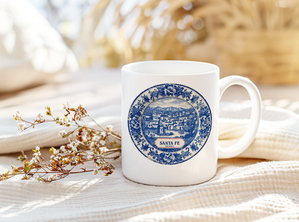 Santa Fe New Mexico Mug, Custom Delft Style cup, Personalized Vintage Travel City Gift