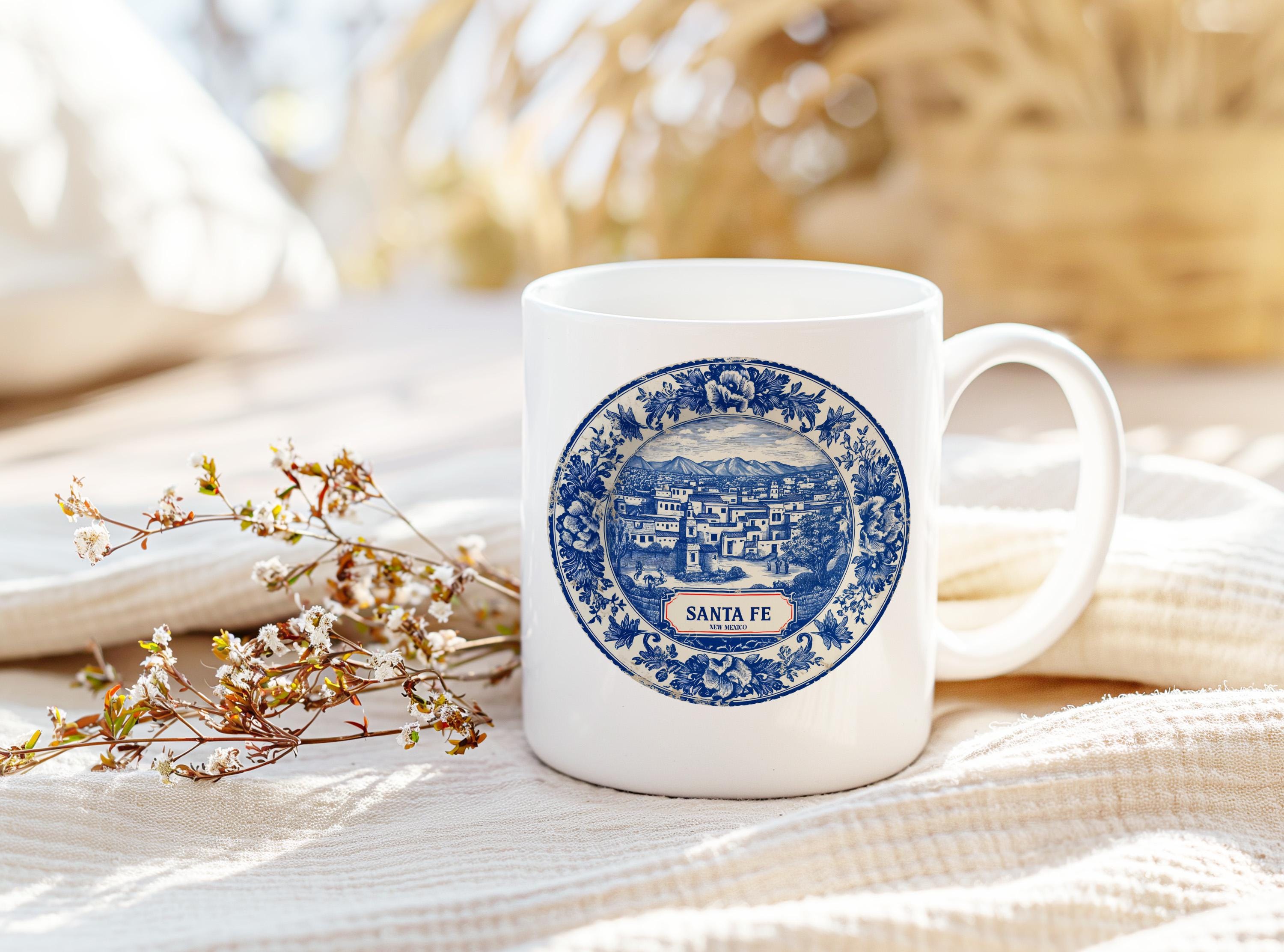 Santa Fe New Mexico Mug, Custom Delft Style cup, Personalized Vintage Travel City Gift