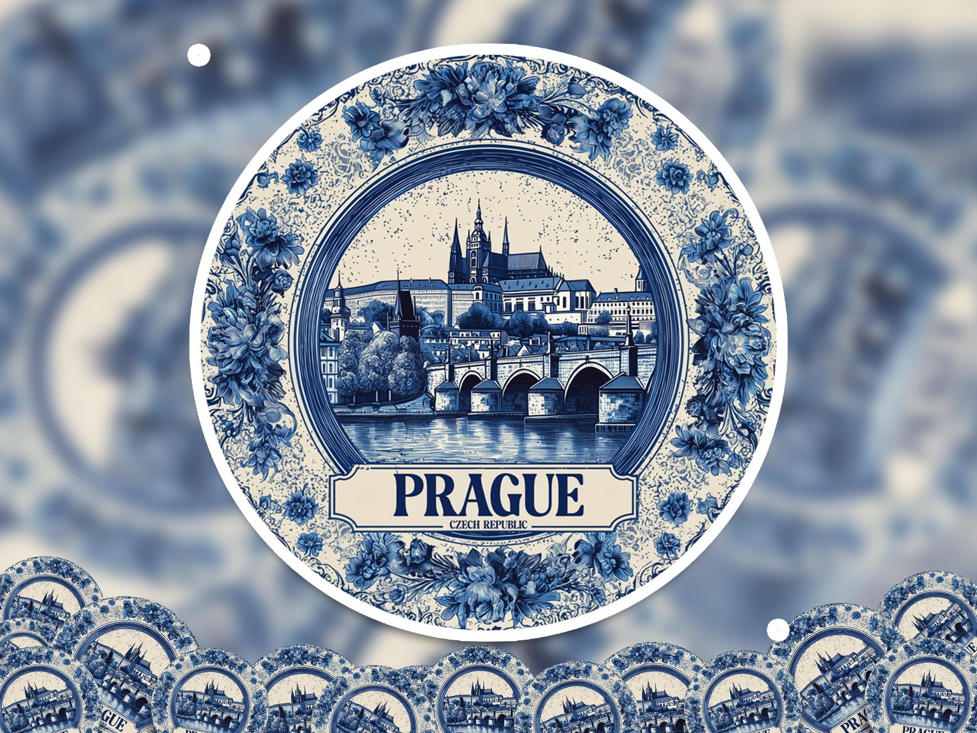 Prague Czech Republic Sticker Vintage Delft style, Delftware Decal Waterproof Vinyl, Blue City Travel