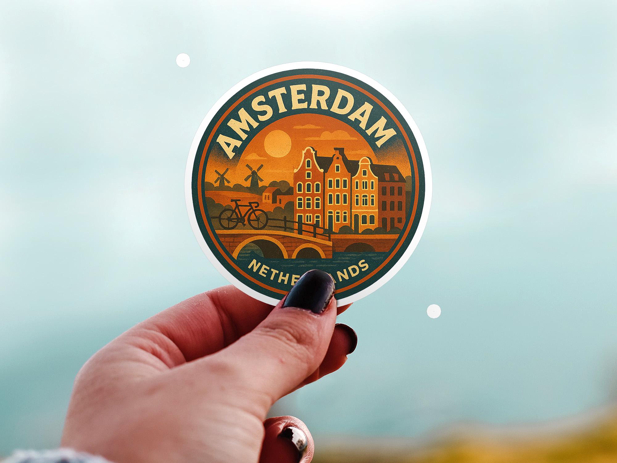 Amsterdam Netherlands Sticker, Kiss-Cut Vinyl, Waterproof Decal, Retro Travel Lover Collection