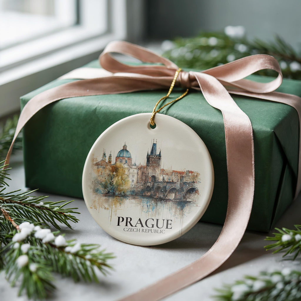 Prague Personalized Watercolor Ornament, Czech Republic Custom Ceramic Christmas gift, Travel Keepsake