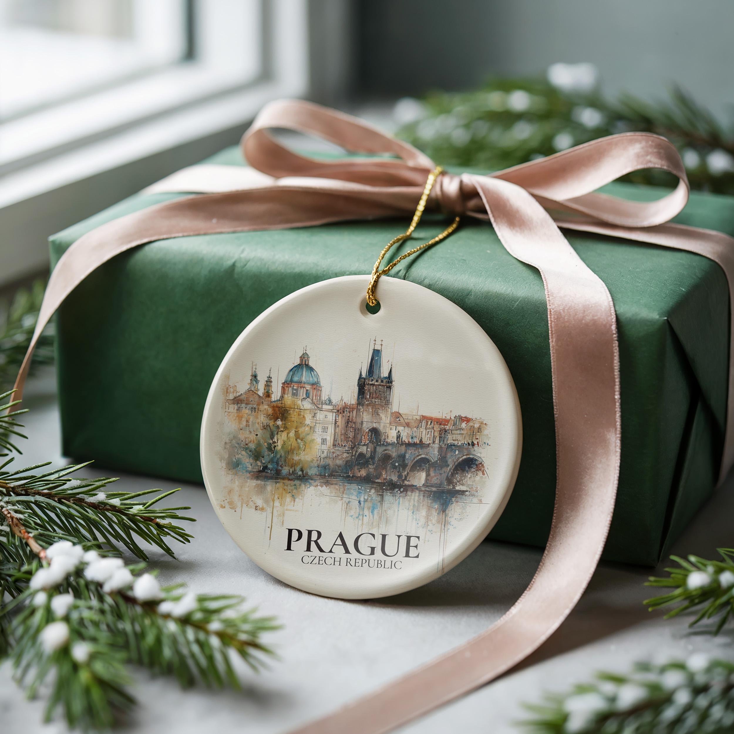 Prague Personalized Watercolor Ornament, Czech Republic Custom Ceramic Christmas gift, Travel Keepsake