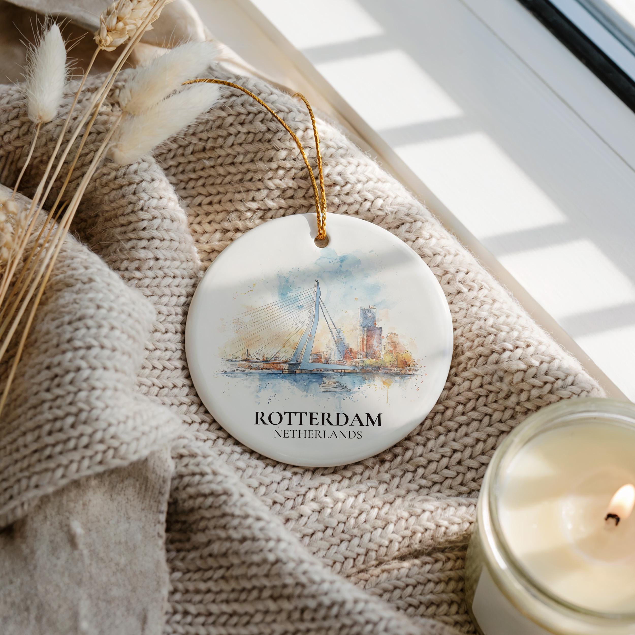 Rotterdam Netherlands Personalized Watercolor Ornament, Custom Ceramic Christmas gift, Travel Keepsake