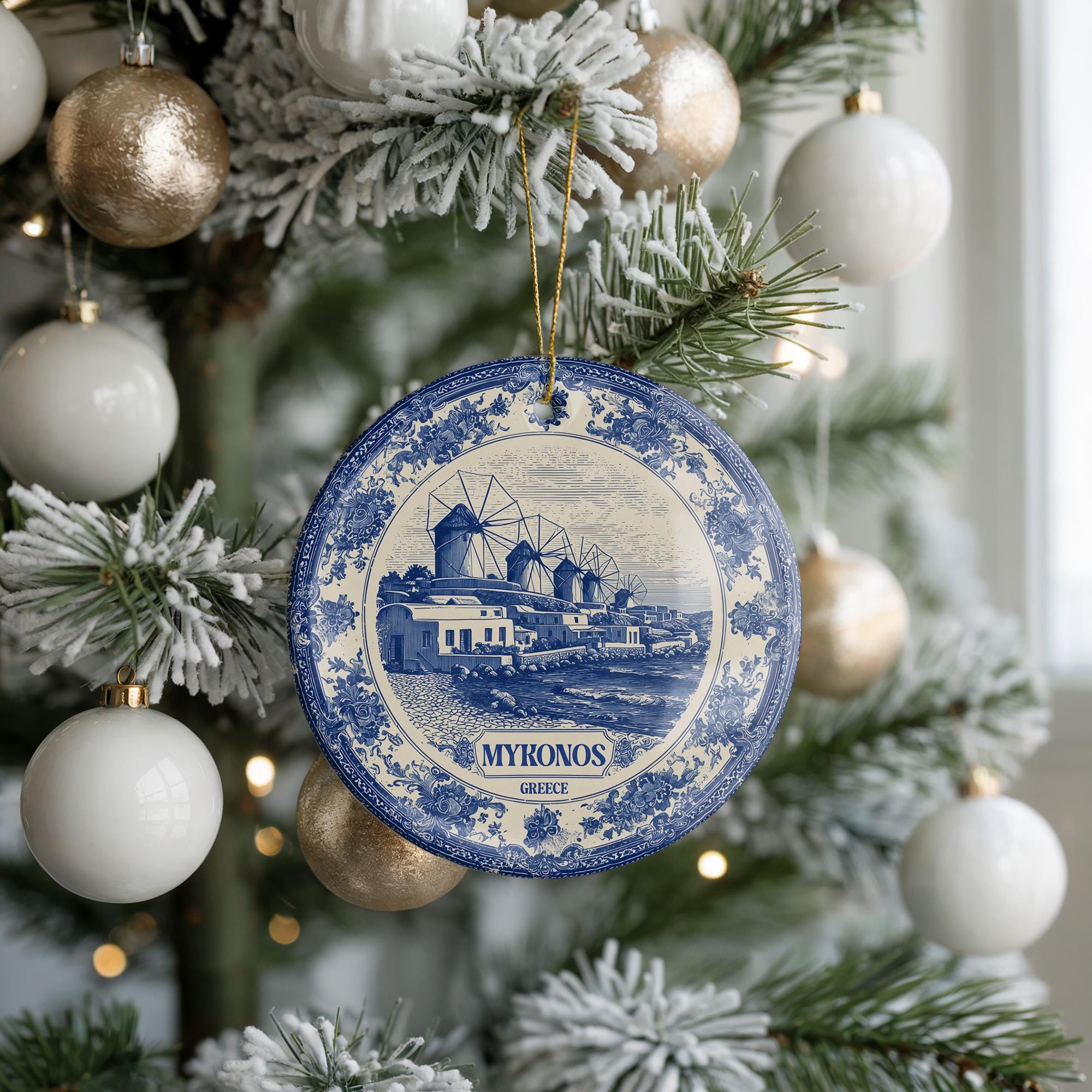Custom Mykonos Greece Ceramic Delft Ornament, Christmas Delftware Blue Delftware city travel