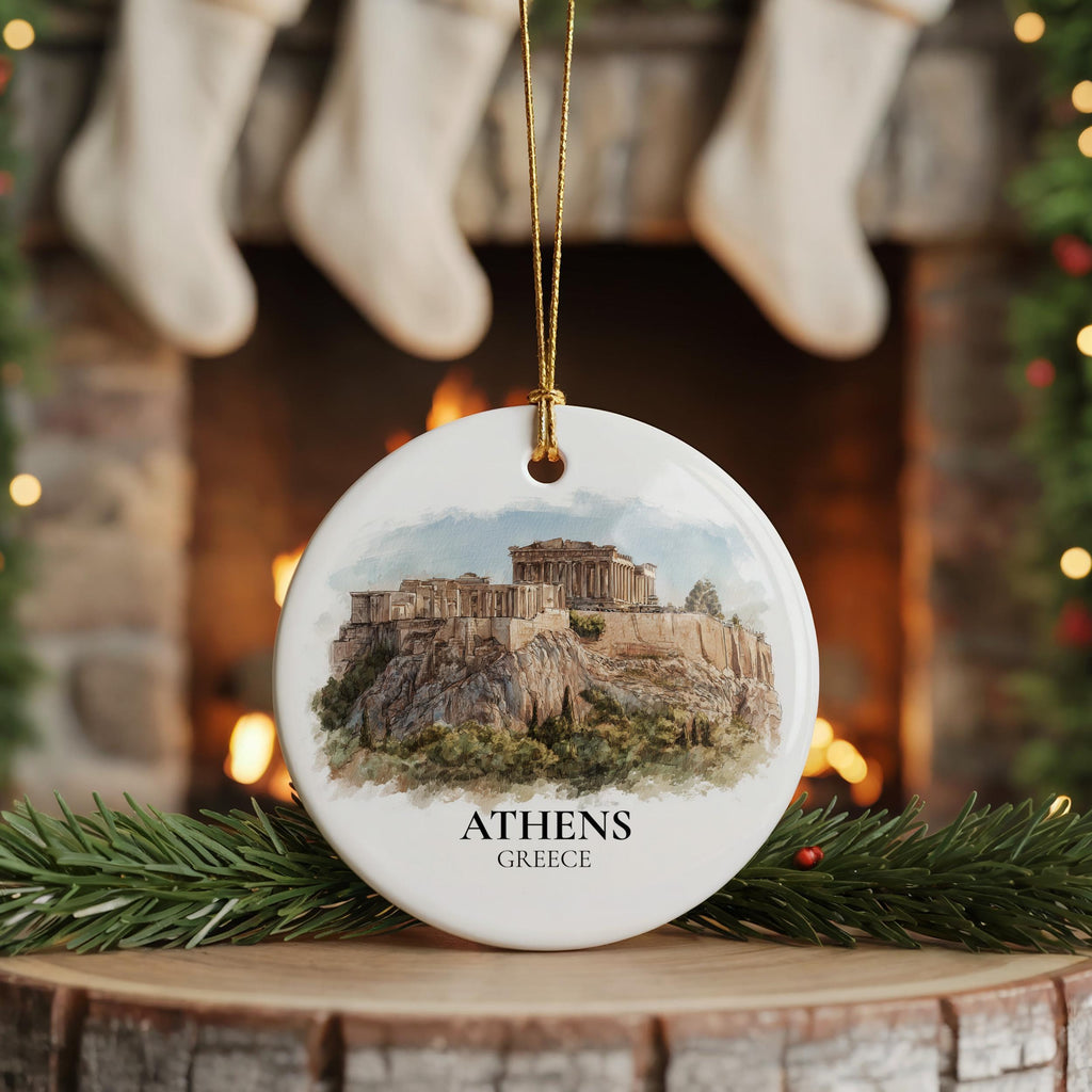 Athens Greece Custom Watercolor Ornament, Personalized Ceramic Christmas gift, Travel Keepsake