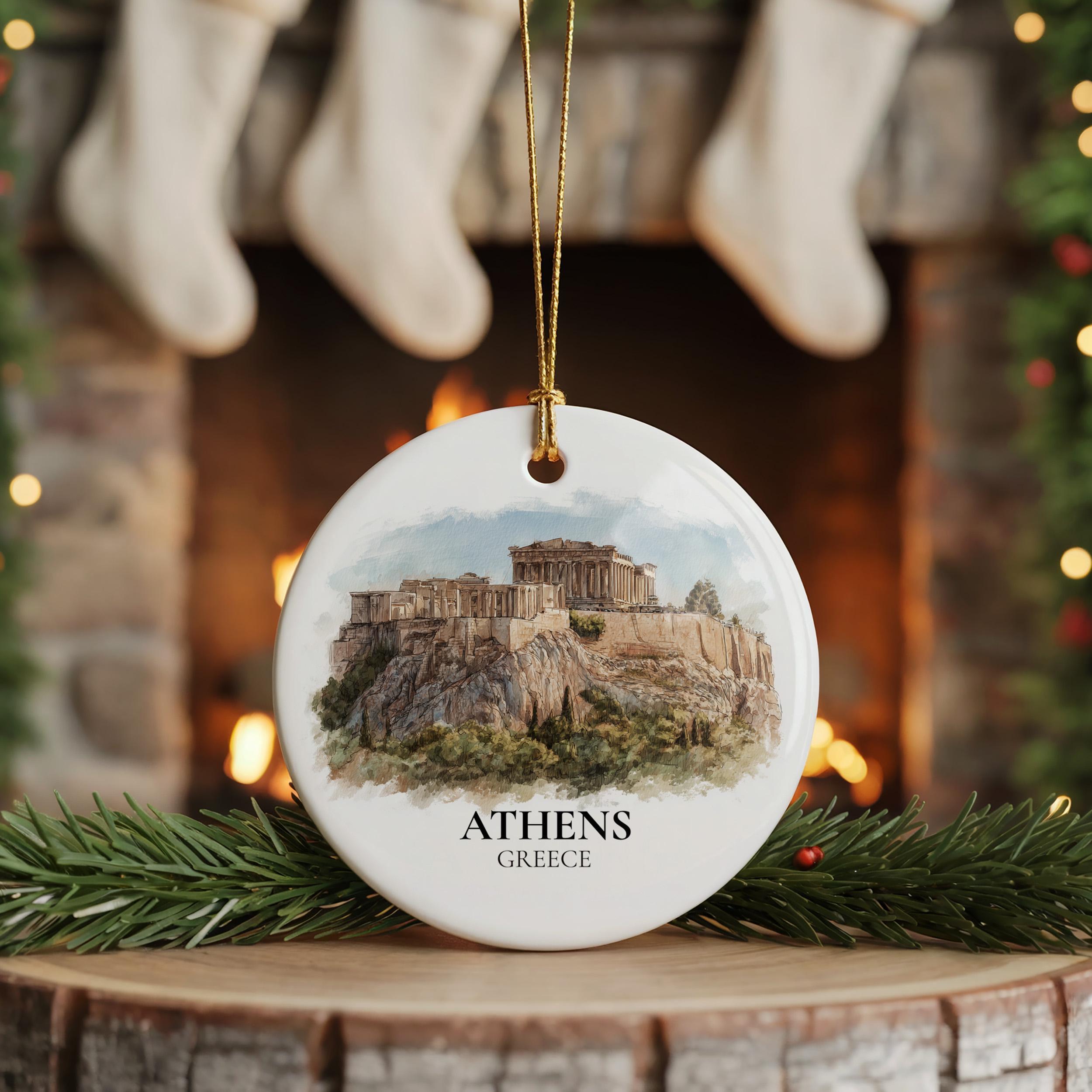 Athens Greece Custom Watercolor Ornament, Personalized Ceramic Christmas gift, Travel Keepsake
