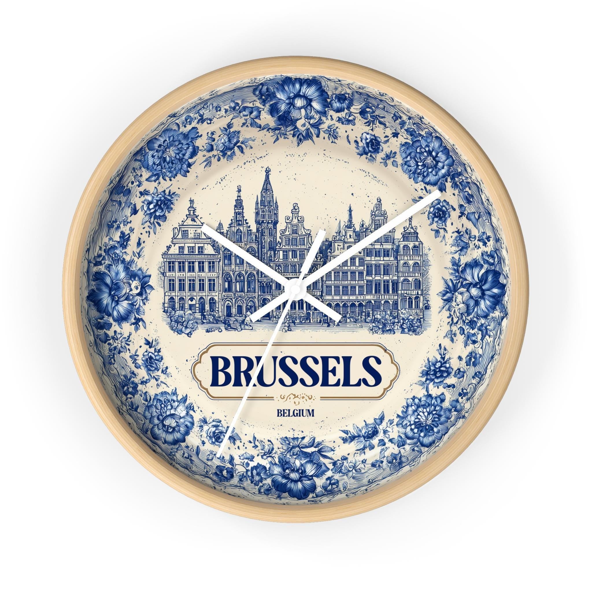 Brussels Belgium Wall Clock, Delf style Home Decor, Vintage City Travel Keepsake Art