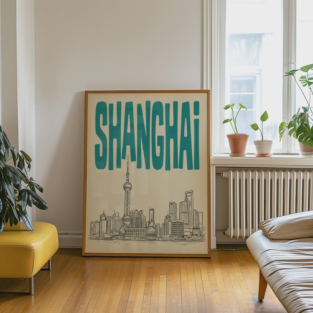 Shanghai Skyline Wall Art, Vintage Travel Poster, Framed Canvas Print