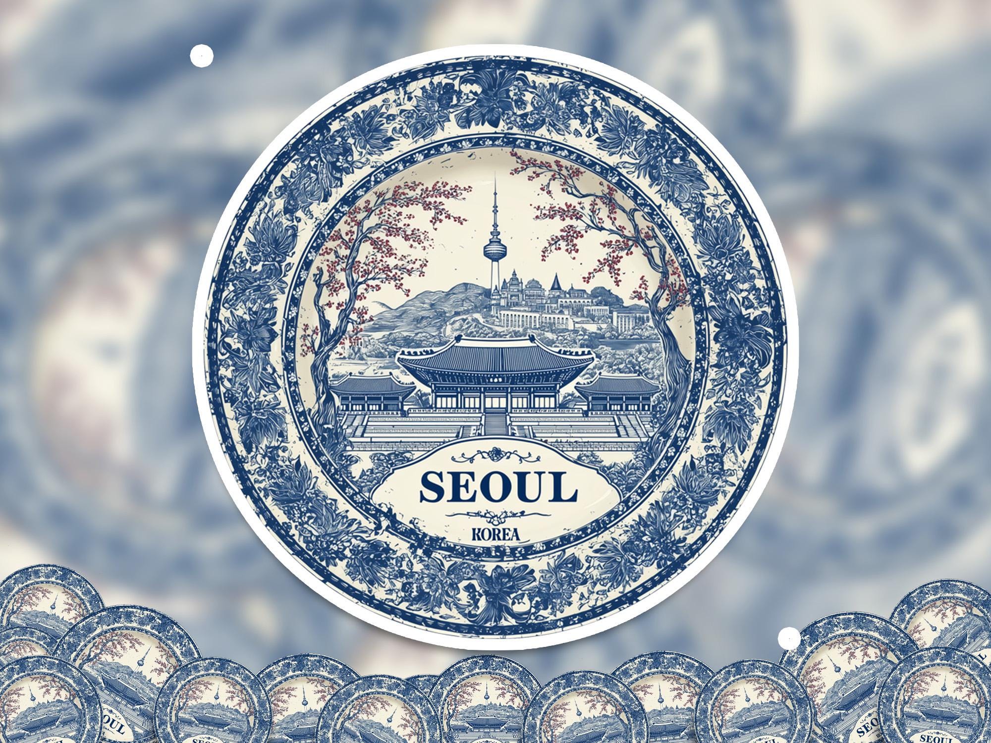 Seoul South Korea Sticker Vintage Delft style, Delftware Decal Waterproof Vinyl, Blue City Travel