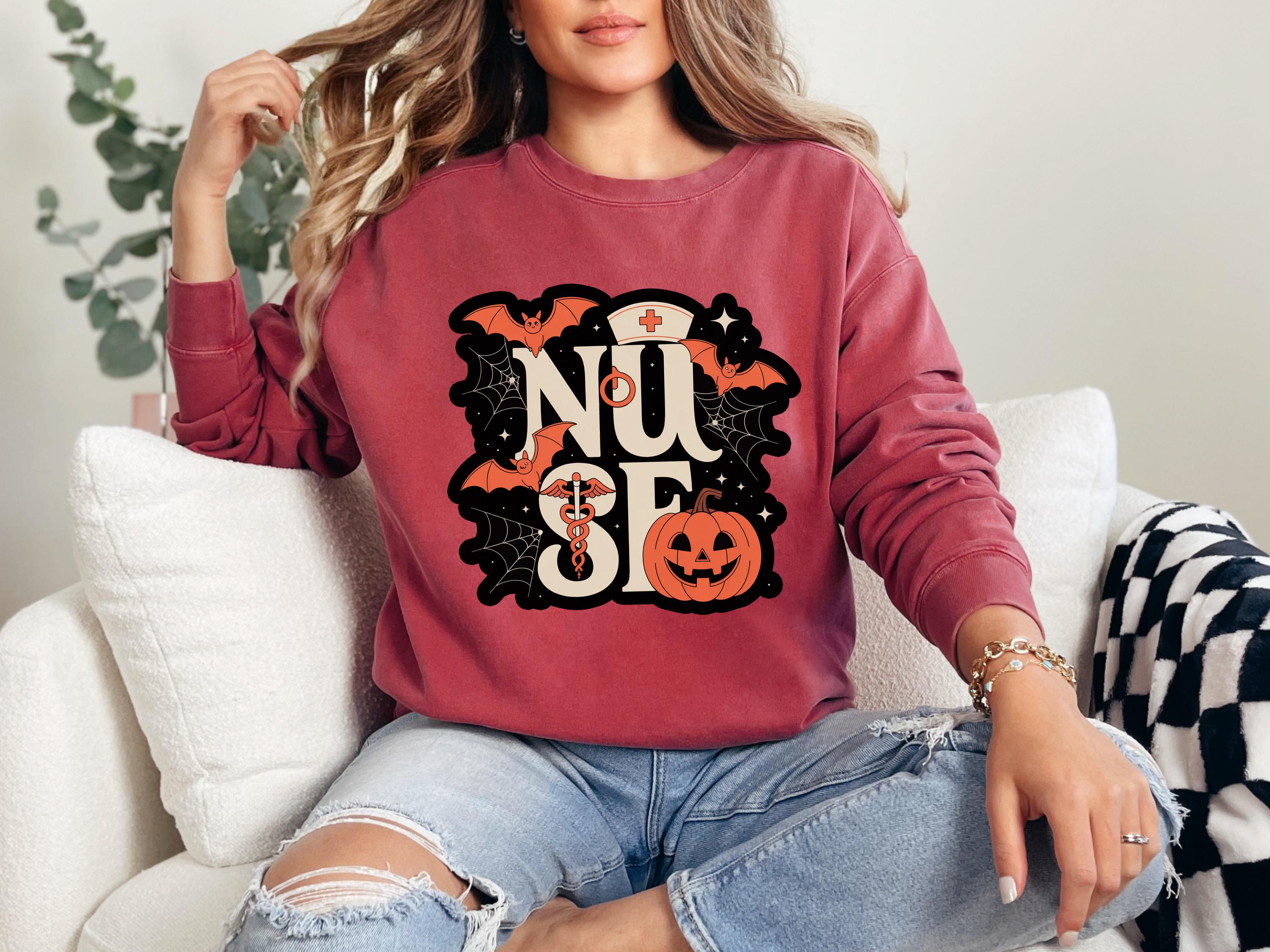 Halloween Nurse Comfort Colors Sweatshirt, Spooky RN Crewneck Pullover, Pumpkin Bat Ghost Print, Fall Nurse Gift Outfit