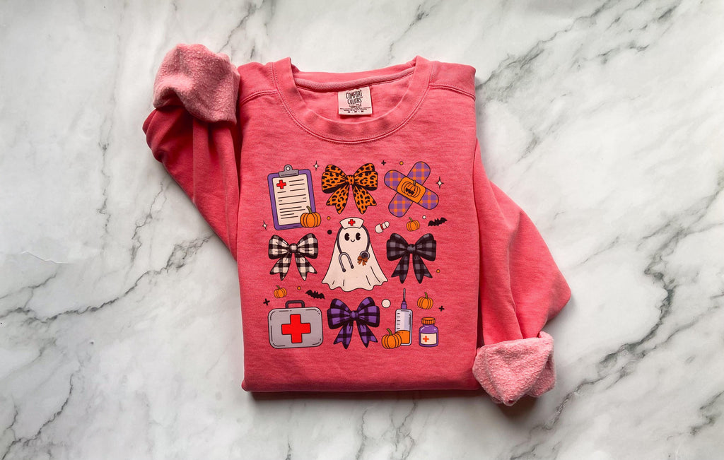 Cute Ghost Halloween Nurse Sweatshirt, Gift for Nurse, Medical crew, Spooky Ghost Nurse, Halloween Hoodie, Nurse Costume Gift
