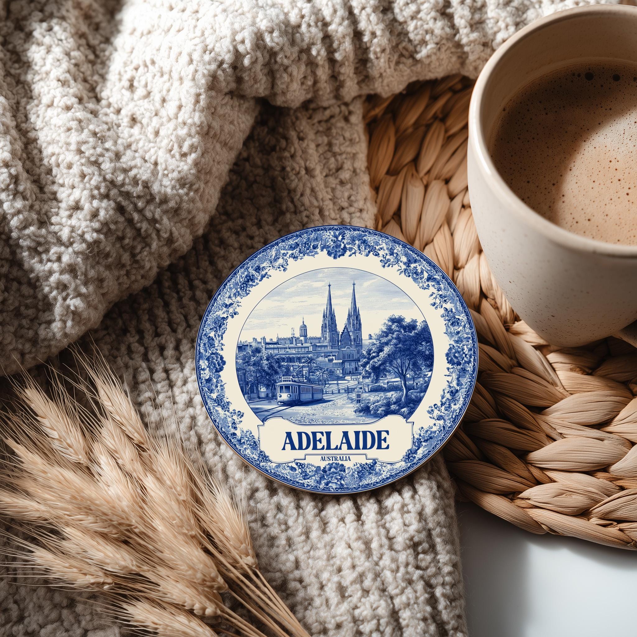Adelaide Australia Delftware Ceramic Coaster, Blue White Travel Gift, Vintage Home Decor Collectible