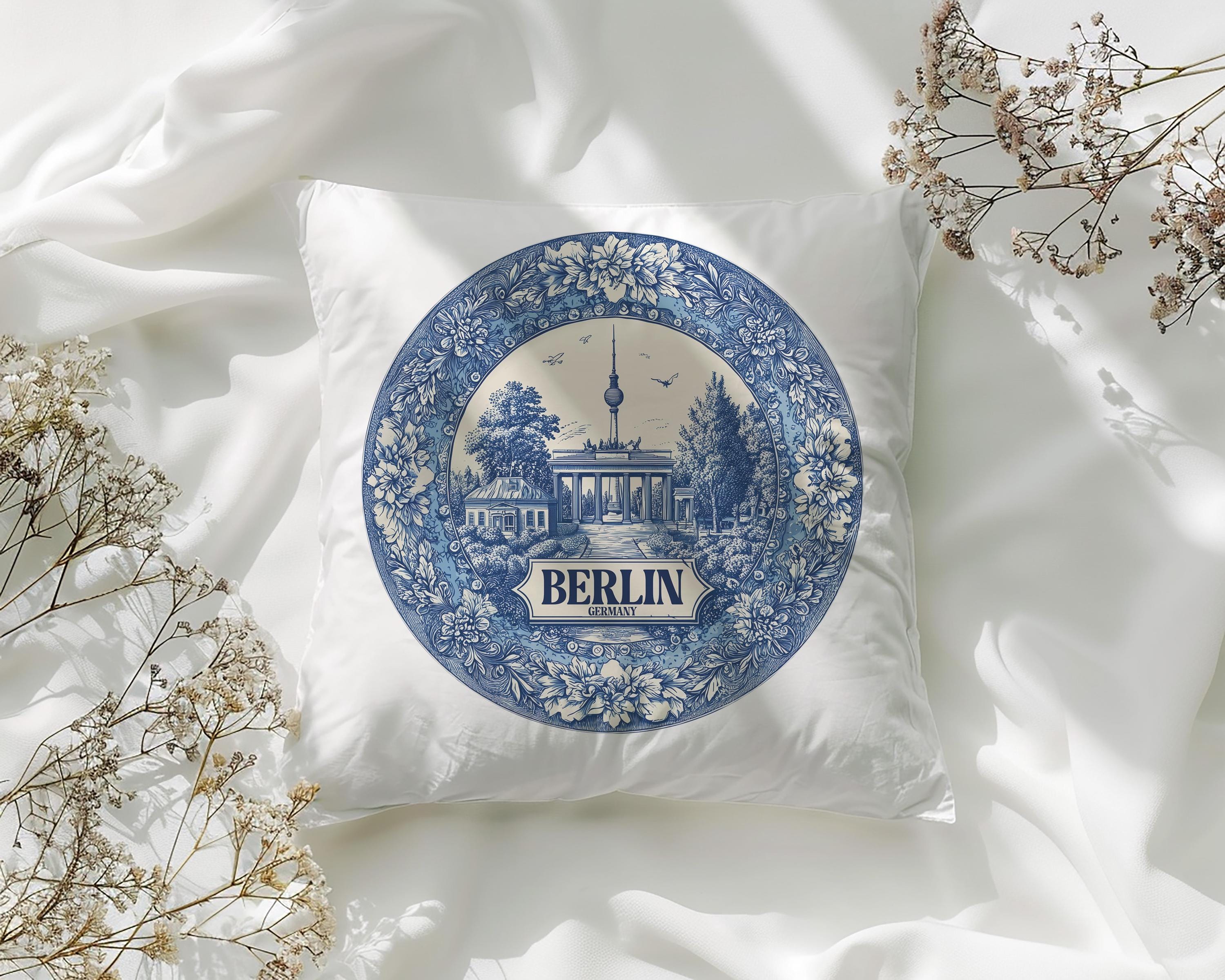 Berlin Germany Pillowcase, Delft Style Decorative Throw Pillow, Vintage Cityscape Retro Home Decor