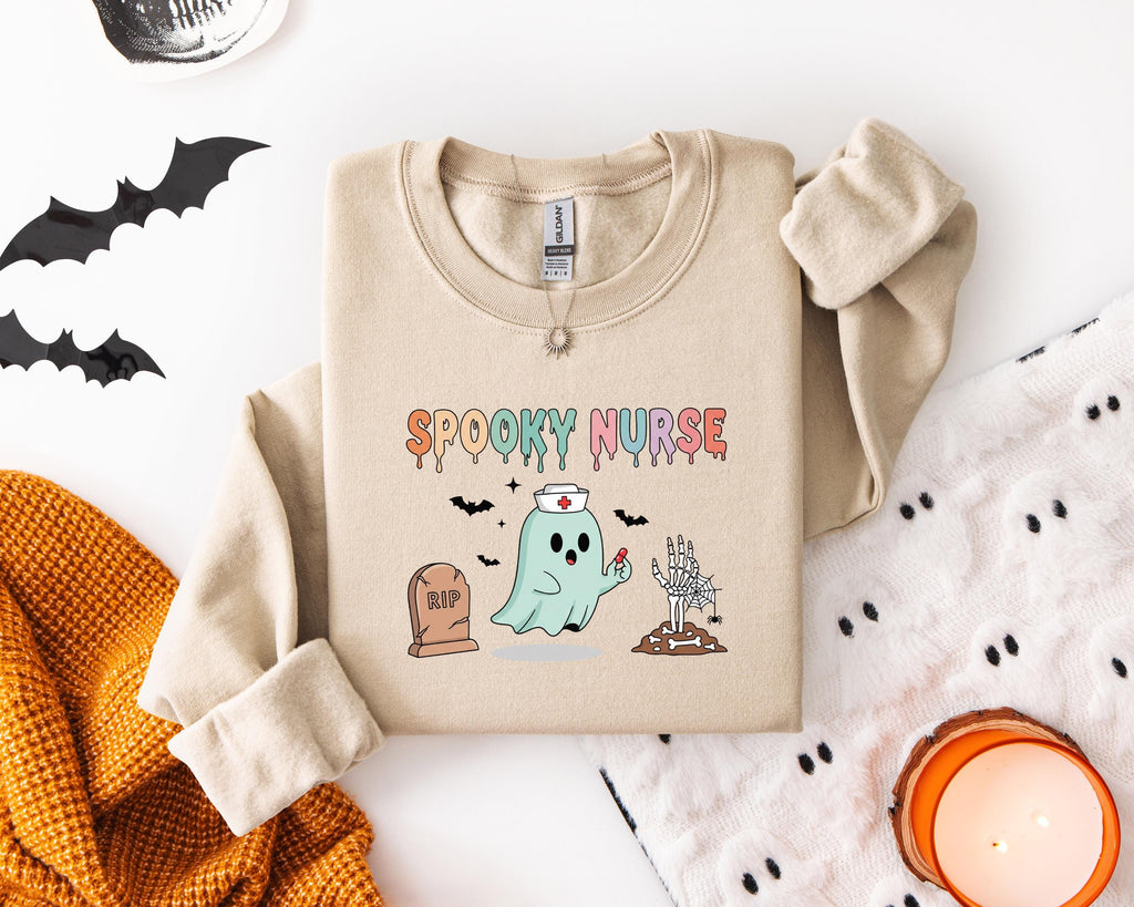Spooky Nurse Halloween Sweatshirt, Cute Ghost Halloween Gift for Nurse Medical Lab, Nurse Spooky , Nurse Halloween Boo Boo Crew