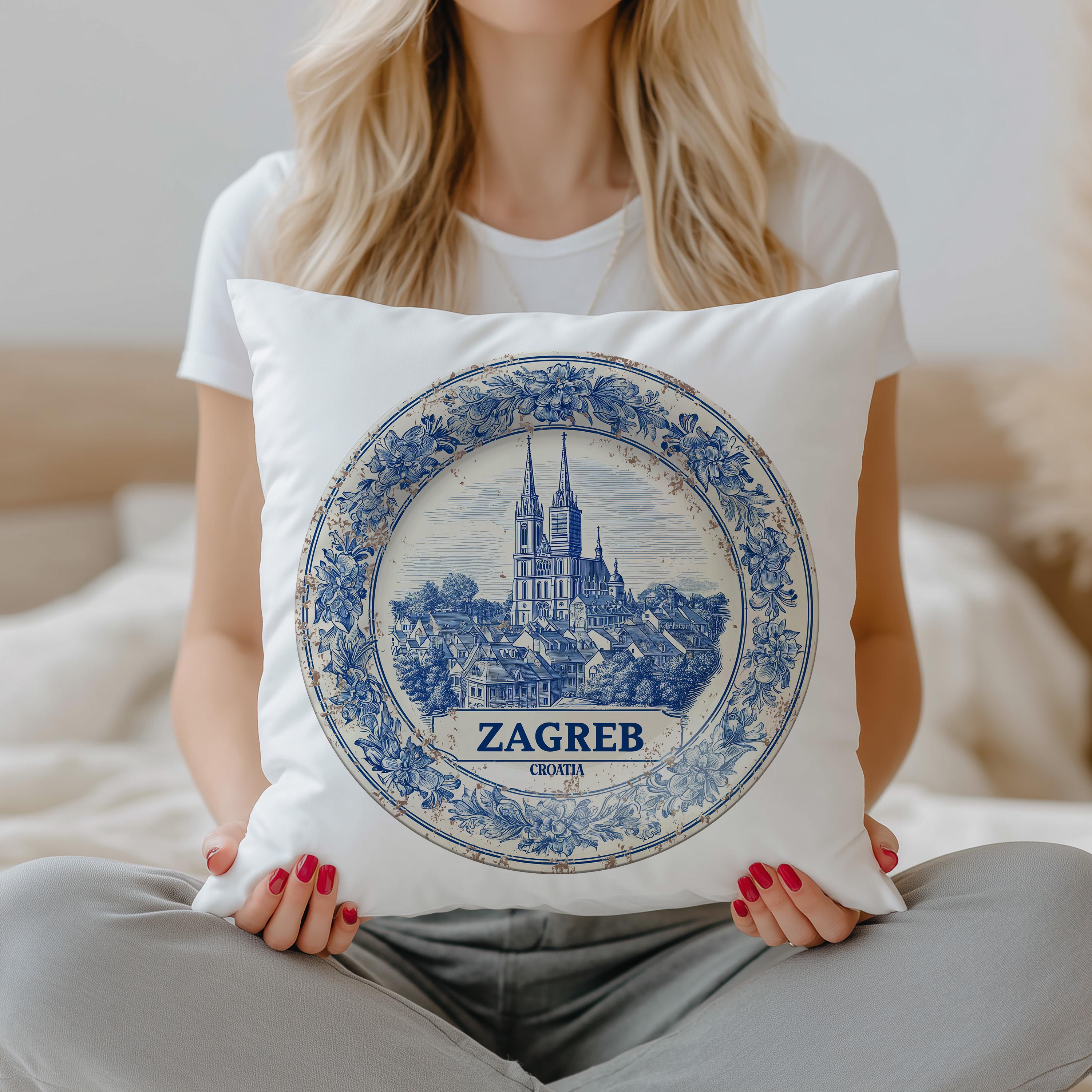 Zagreb Croatia Pillowcase, Delft Style Decorative Throw Pillow, Vintage Cityscape Retro Home Decor