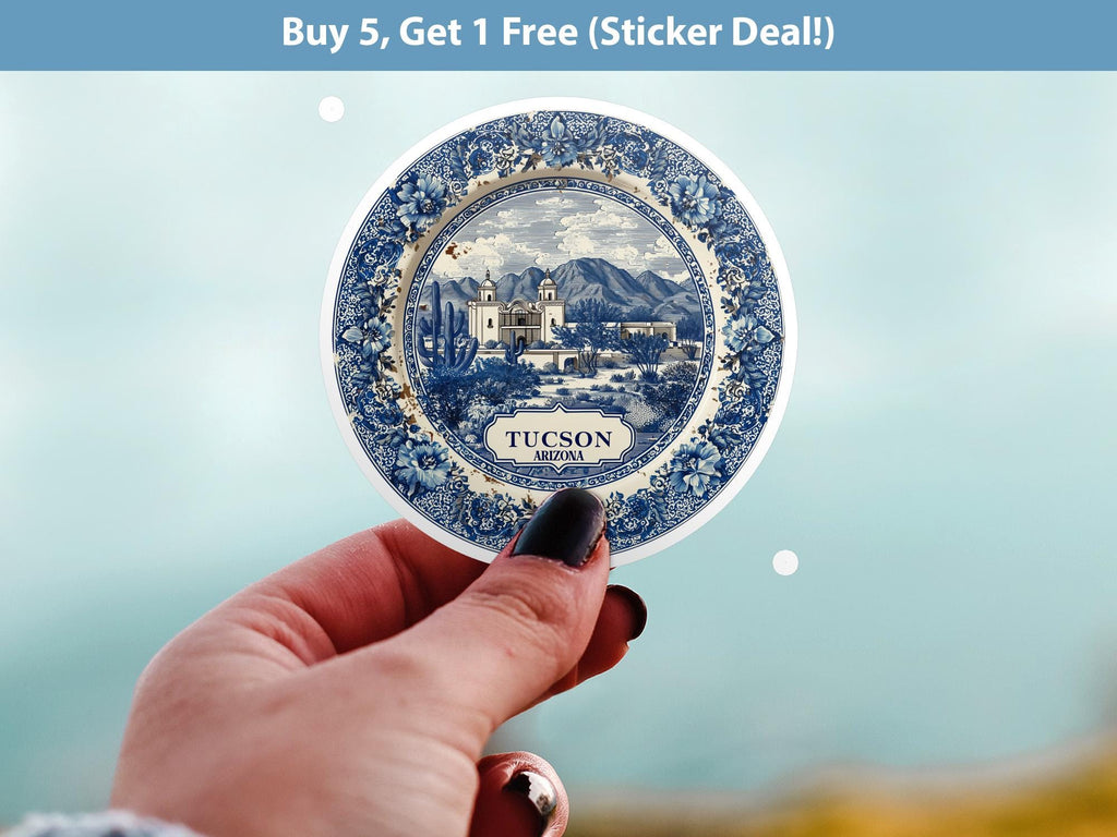 Tucson Arizona Sticker Vintage Delft style, Delftware Decal Waterproof Vinyl, Blue City Travel USA