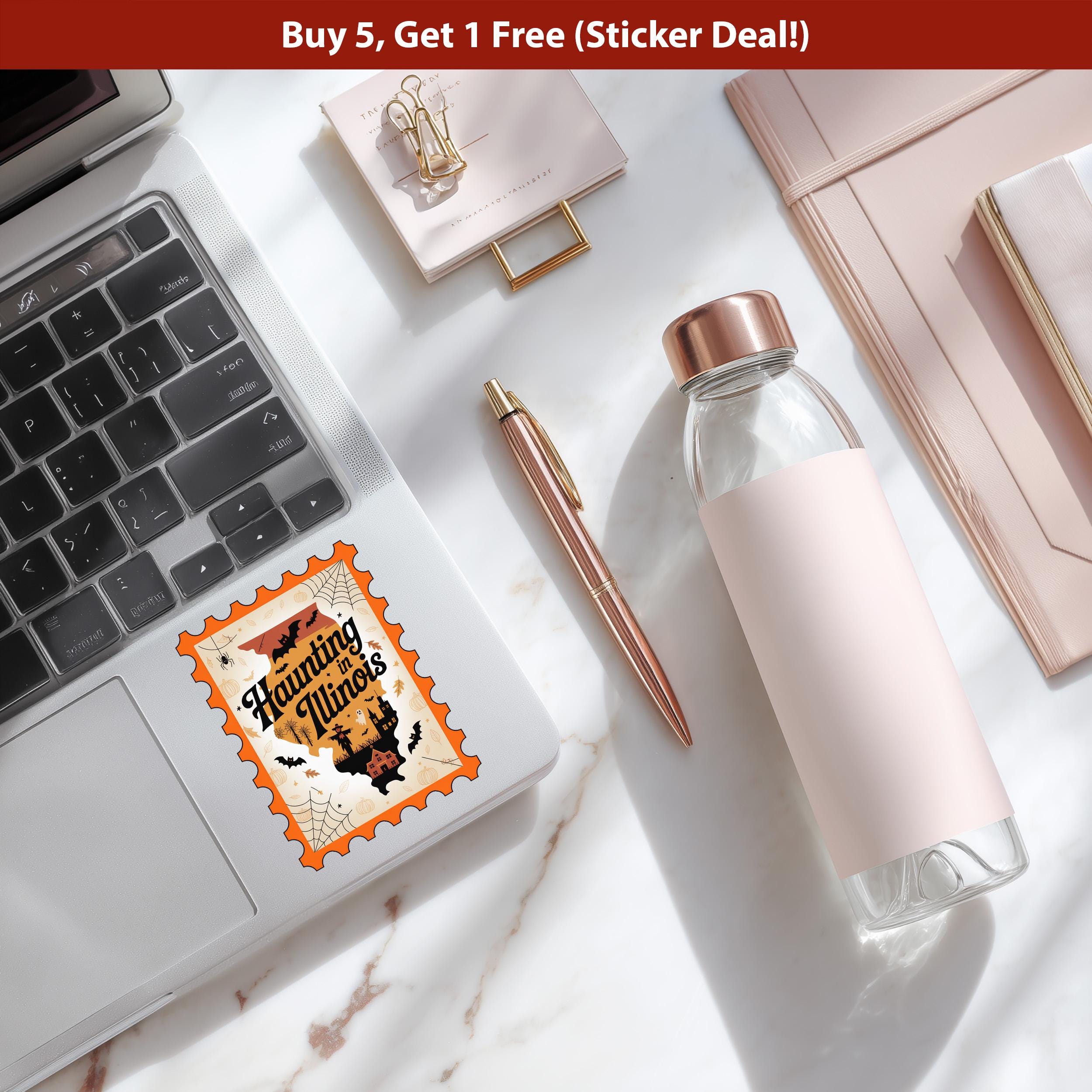 Illinois Stamp Halloween Sticker, Spooky USA Kiss-Cut Vinyl, Waterproof Decal, United States Travel