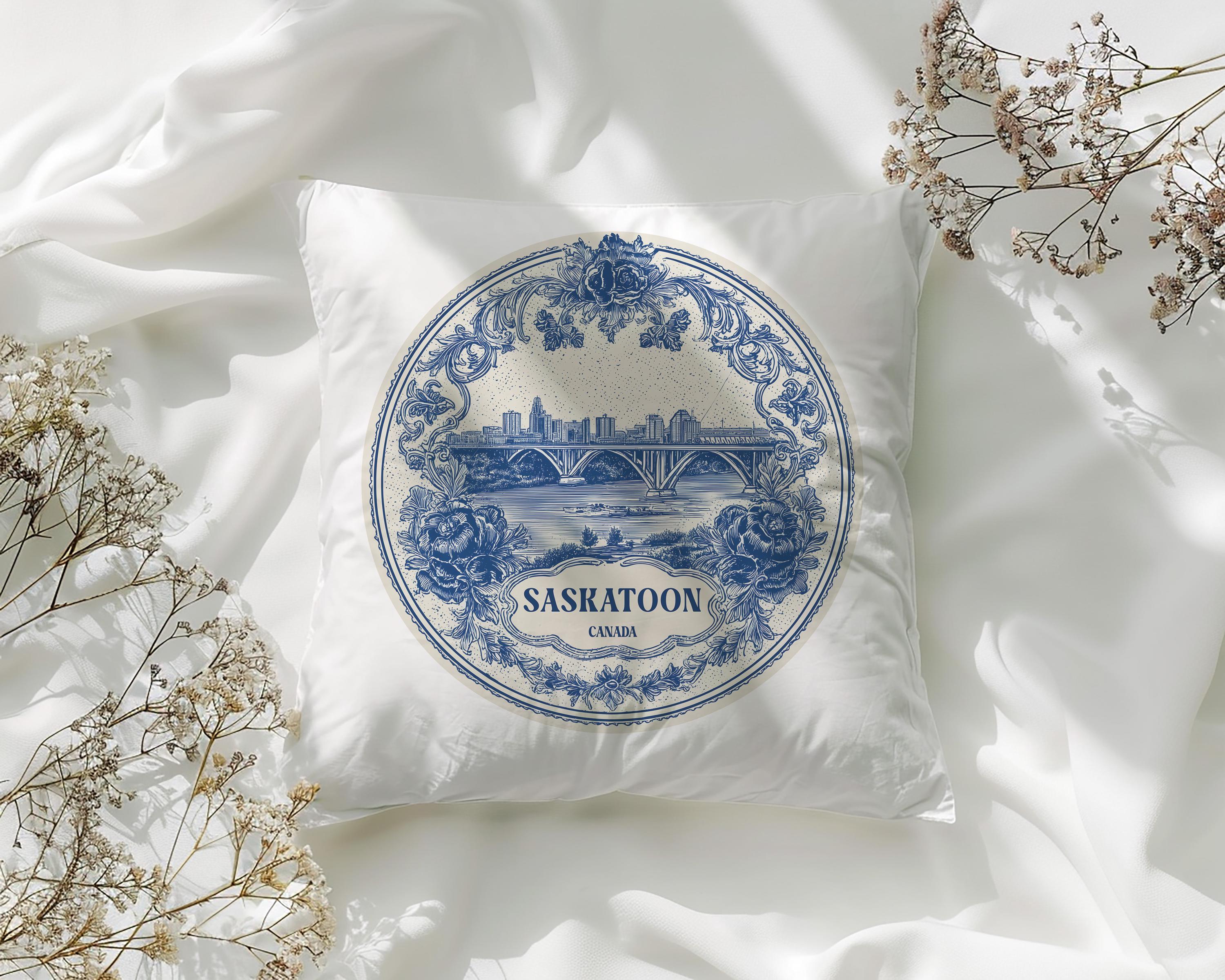 Saskatoon Canada Pillowcase, Delft Style Decorative Throw Pillow, Vintage Cityscape Retro Home Decor