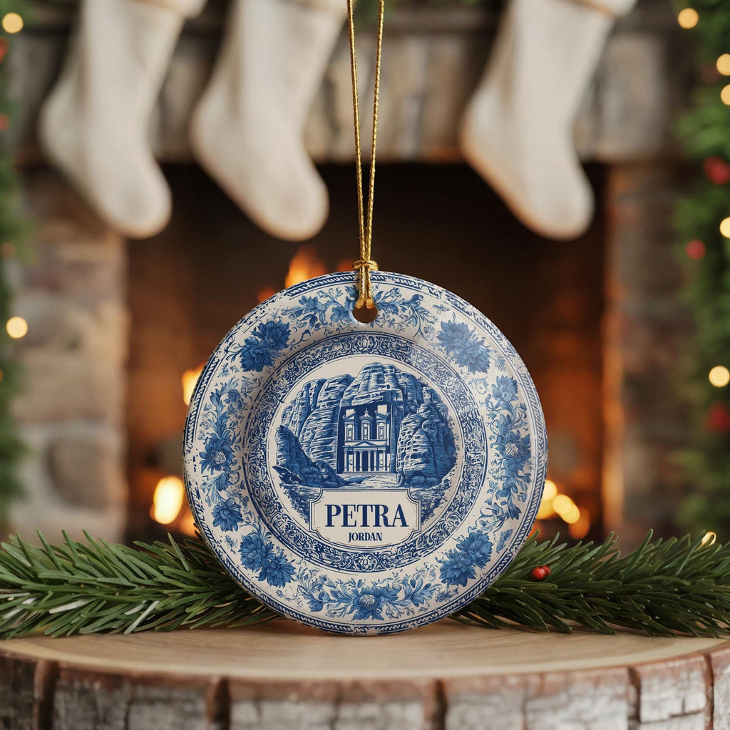 Custom Petra Jordan Ceramic Delft Ornament, Christmas Delftware Blue Delftware city travel