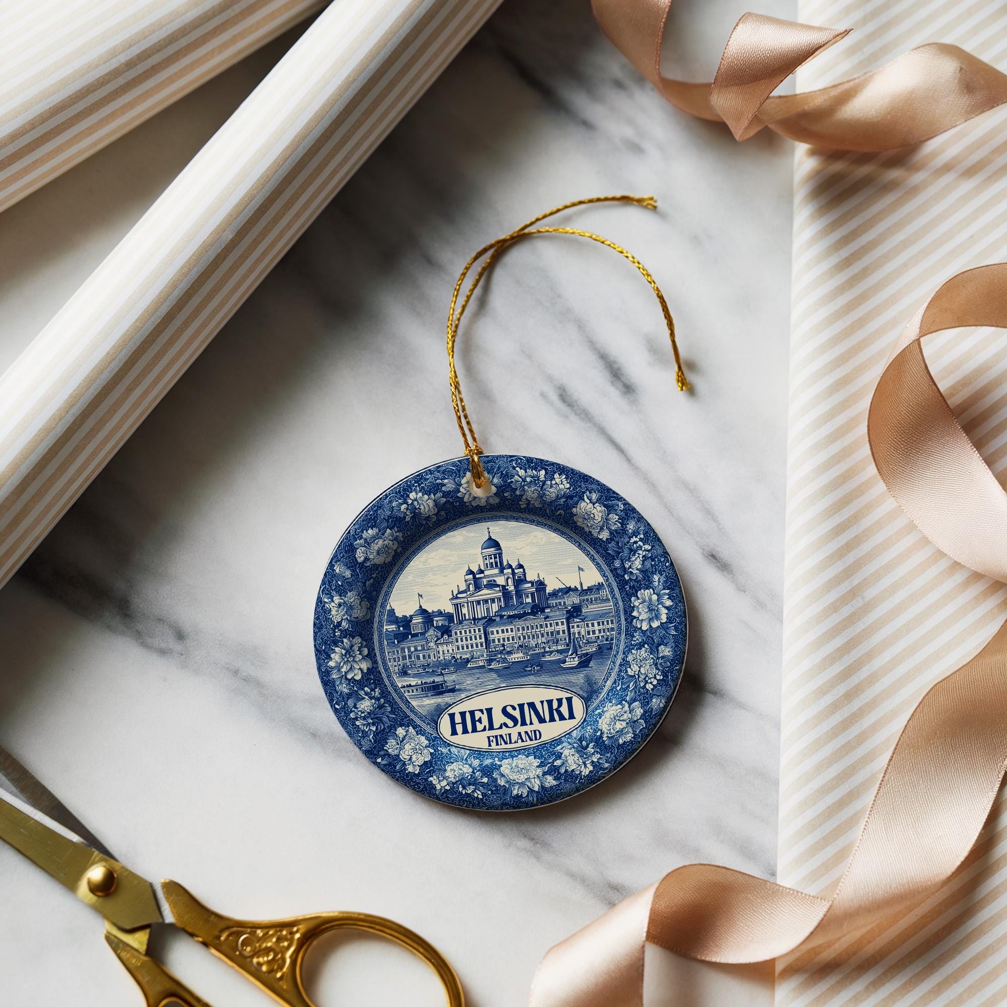 Custom Helsinki Finland Ceramic Delft Ornament, Christmas Delftware Blue Delftware city travel
