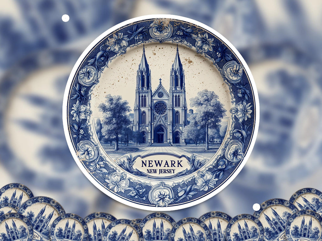 Newark New Jersey Sticker Vintage Delft style, Delftware Decal Waterproof Vinyl, Blue City Travel