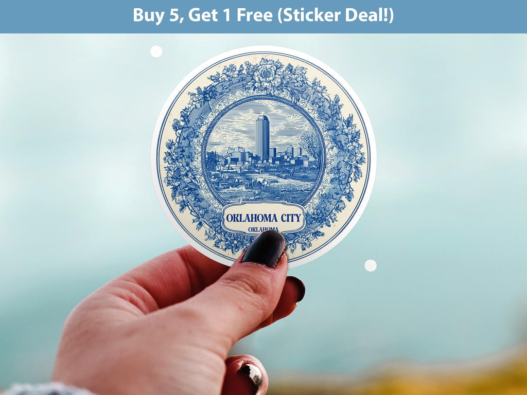 Oklahoma City Sticker Vintage Delft style, Delftware Decal Waterproof Vinyl, Blue City Travel