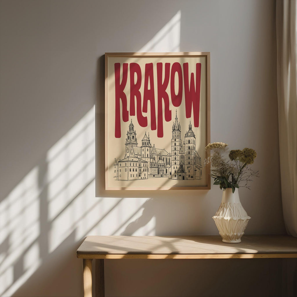 Krakow Poland Skyline Wall Art, Framed Canvas Print, Minimalist Line Art Decor