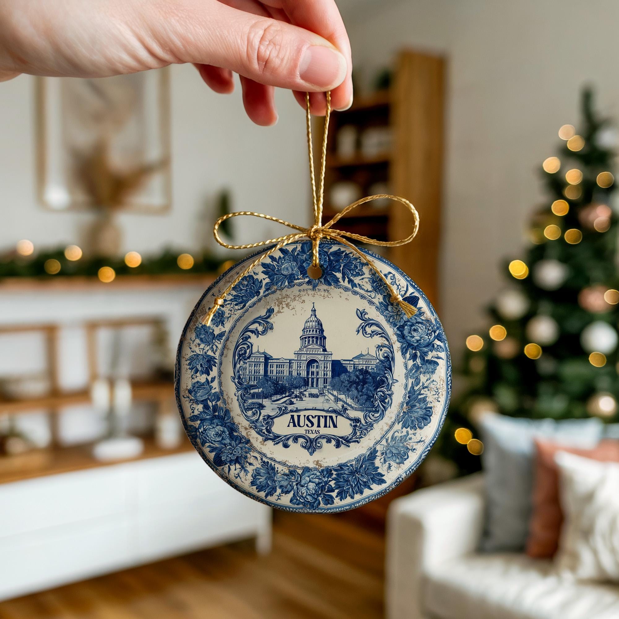 Custom Austin Texas Ceramic Delft Ornament, Christmas Delftware Blue Delftware city travel