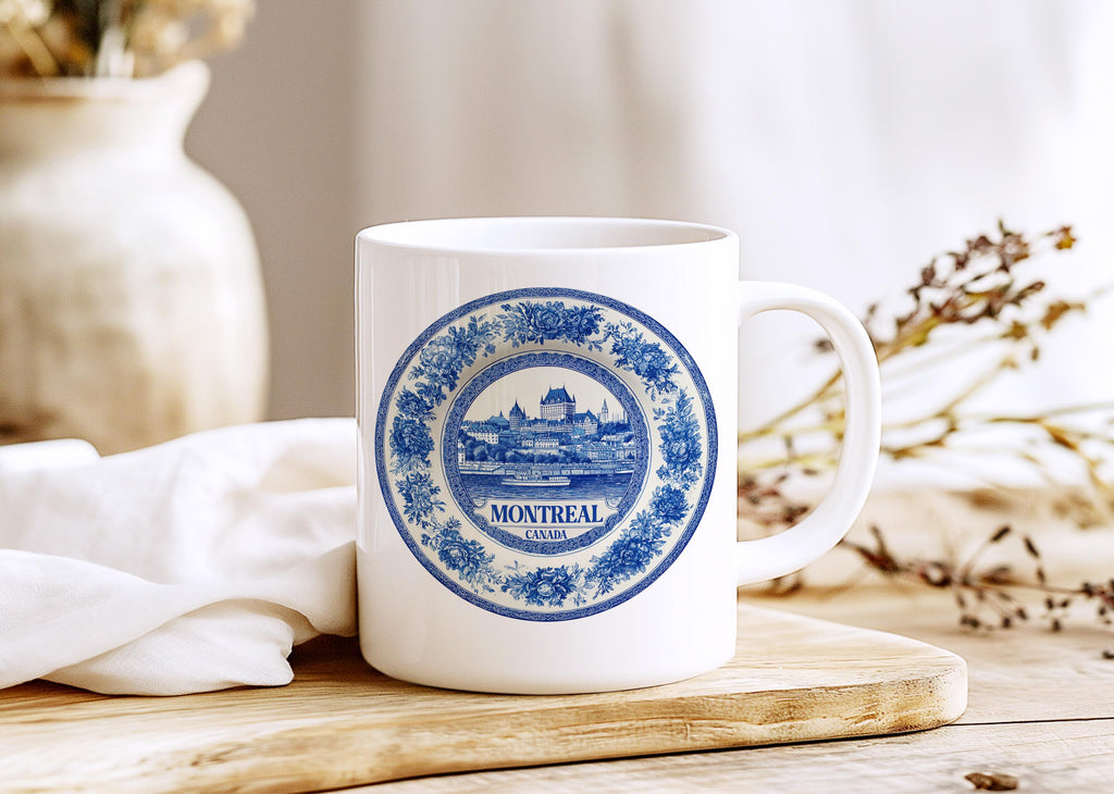 Montreal Canada Mug, Custom Delft Style cup, Personalized Vintage Travel City Gift