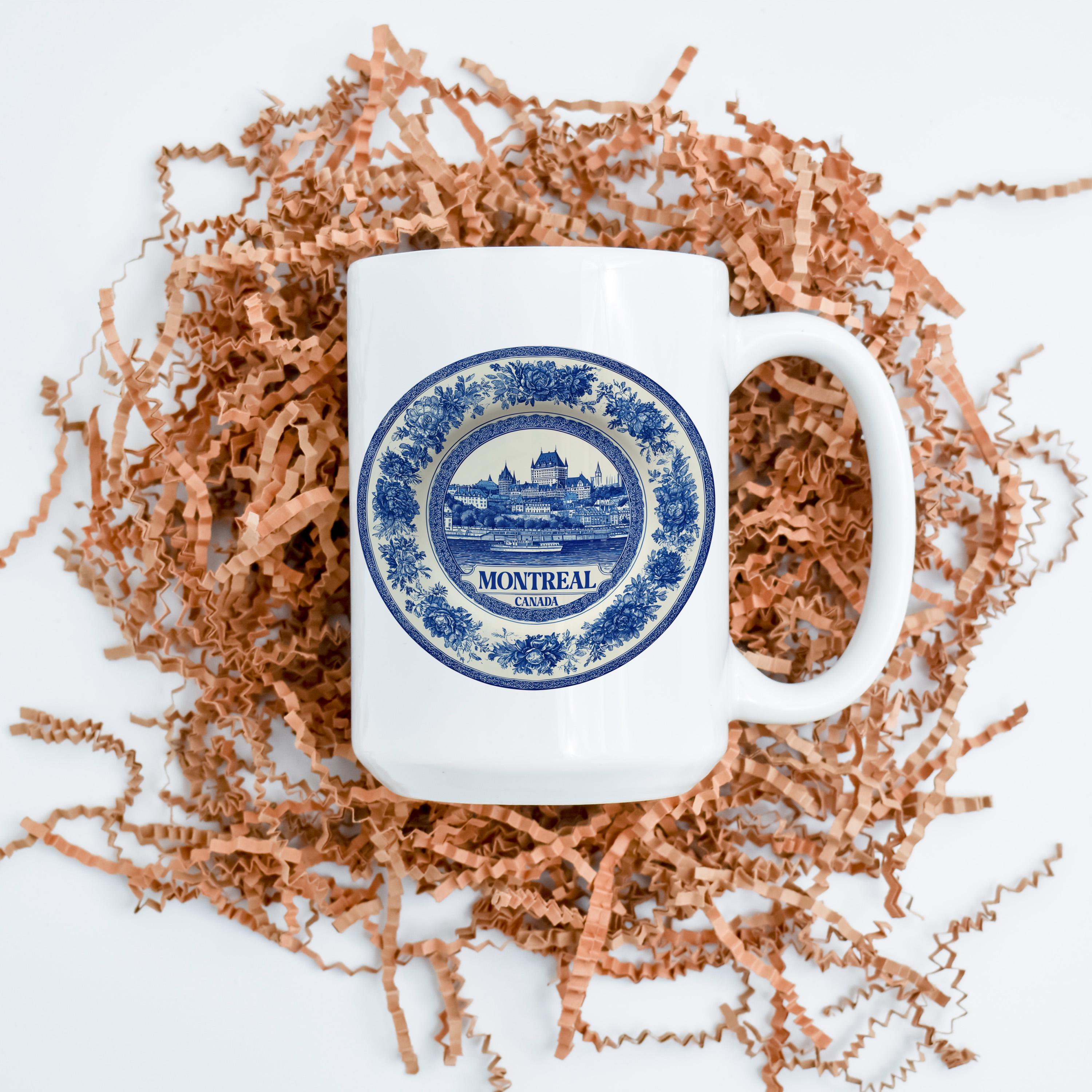 Montreal Canada Mug, Custom Delft Style cup, Personalized Vintage Travel City Gift