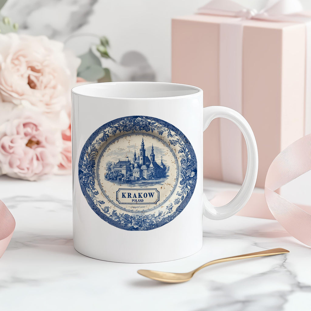 Krakow Poland Mug, Custom Delft Style cup, Personalized Vintage Travel City Gift