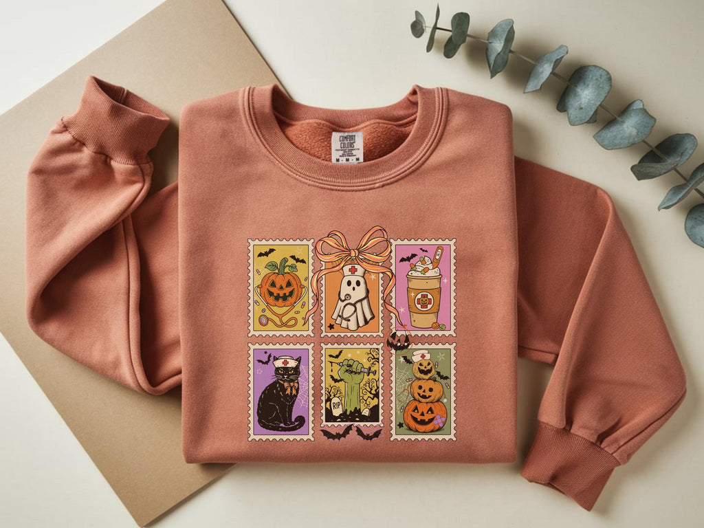Halloween Tarot Card Sweatshirt, Witchy Nurse Fall Pullover with Pumpkin Cat Skeleton Prints, Spooky Vintage Top, Cozy Retro Gift