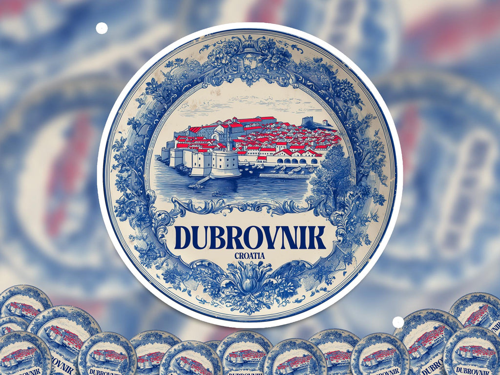 Dubrovnik Croatia Sticker Vintage Delft style, Delftware Decal Waterproof Vinyl, Blue City Travel