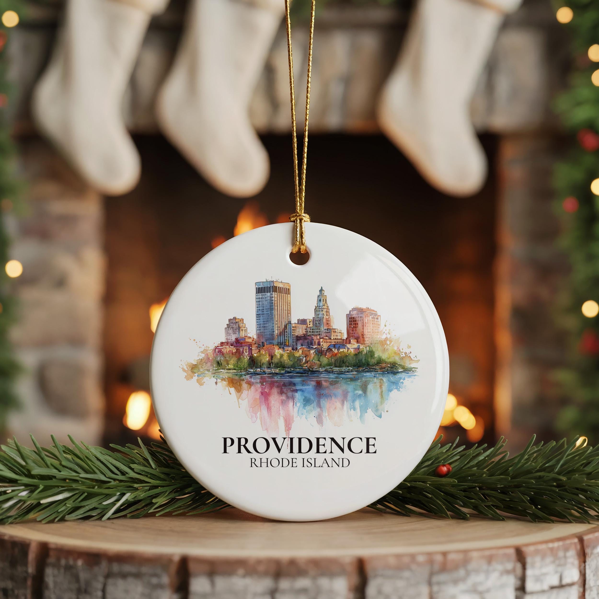 Providence Rhode Island Personalized Watercolor Ornament, Custom Ceramic Christmas gift, Travel Keepsake