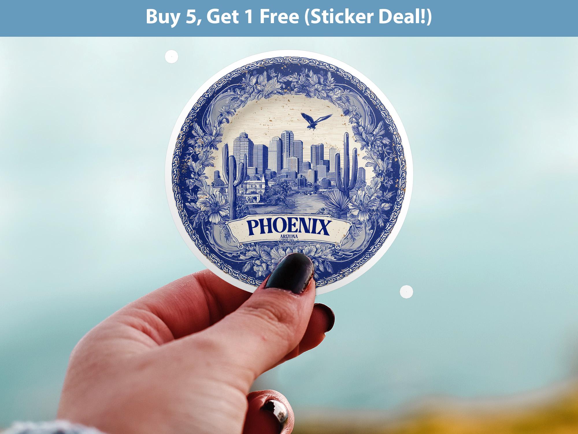Phoenix Arizona Sticker Vintage Delft style, Delftware Decal Waterproof Vinyl, Blue City Travel