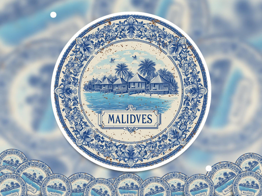 Maldives Sticker Vintage Delft style, Delftware Decal Waterproof Vinyl, Blue City Travel
