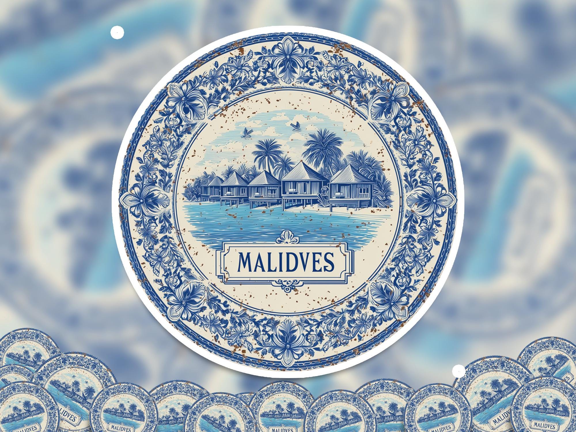 Maldives Sticker Vintage Delft style, Delftware Decal Waterproof Vinyl, Blue City Travel