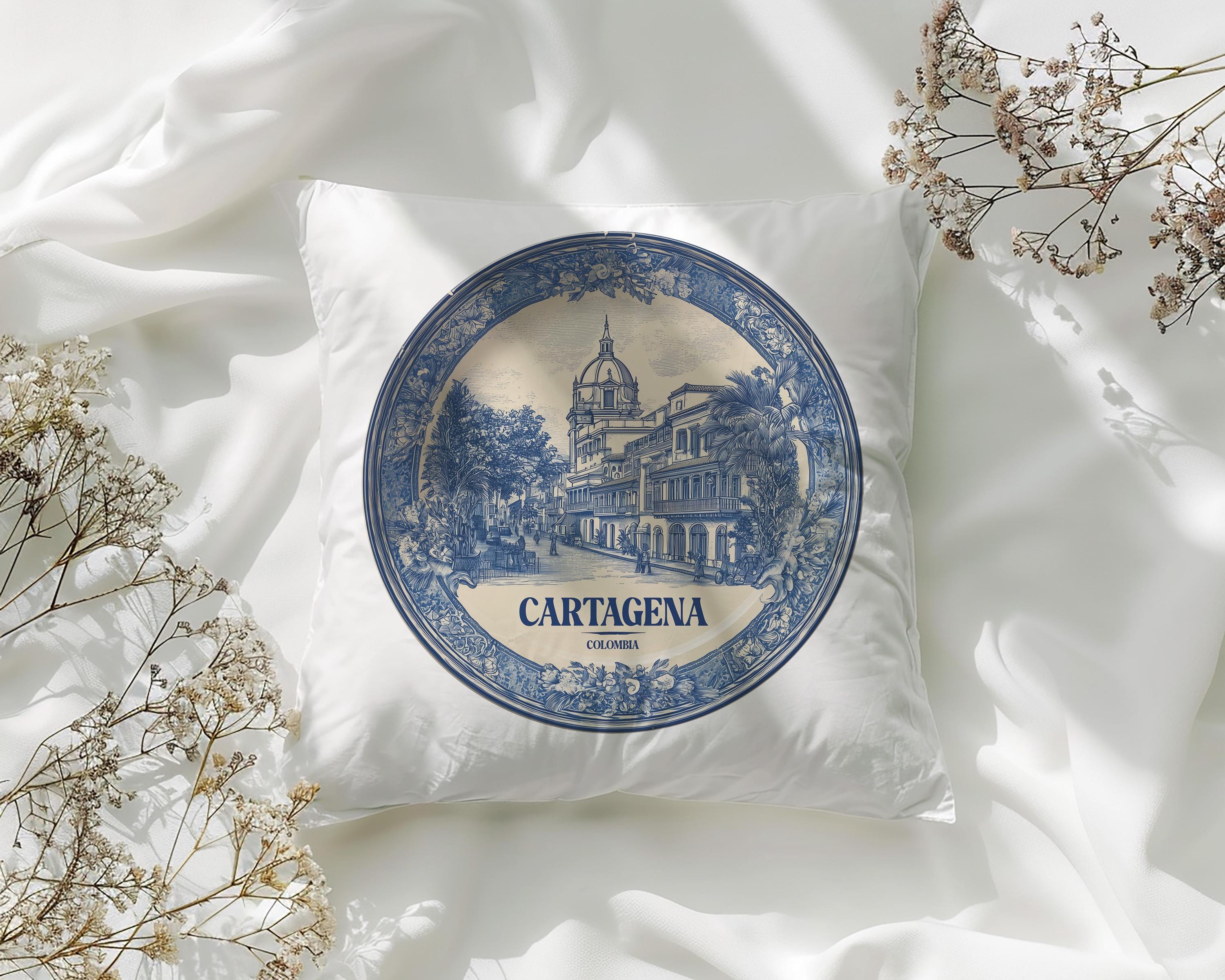 Cartagena Colombia Pillowcase, Delft Style Decorative Throw Pillow, Vintage Cityscape Retro Home Decor