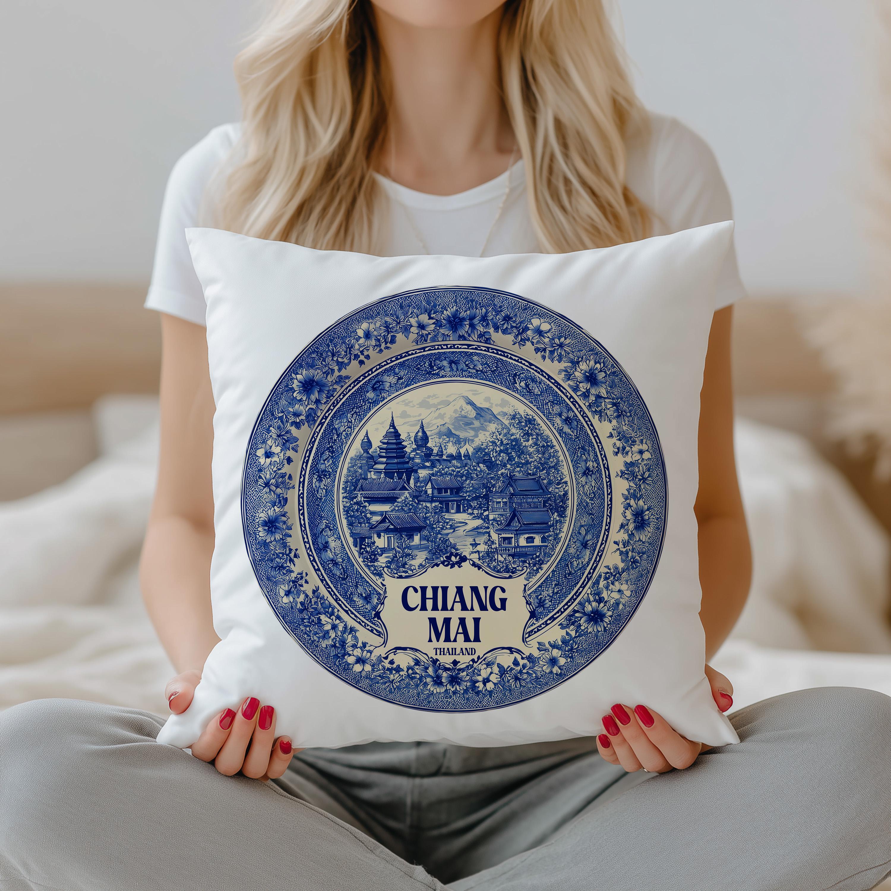 Chiang Mai Thailand Pillowcase, Delft Style Decorative Throw Pillow, Vintage Cityscape Retro Home Decor