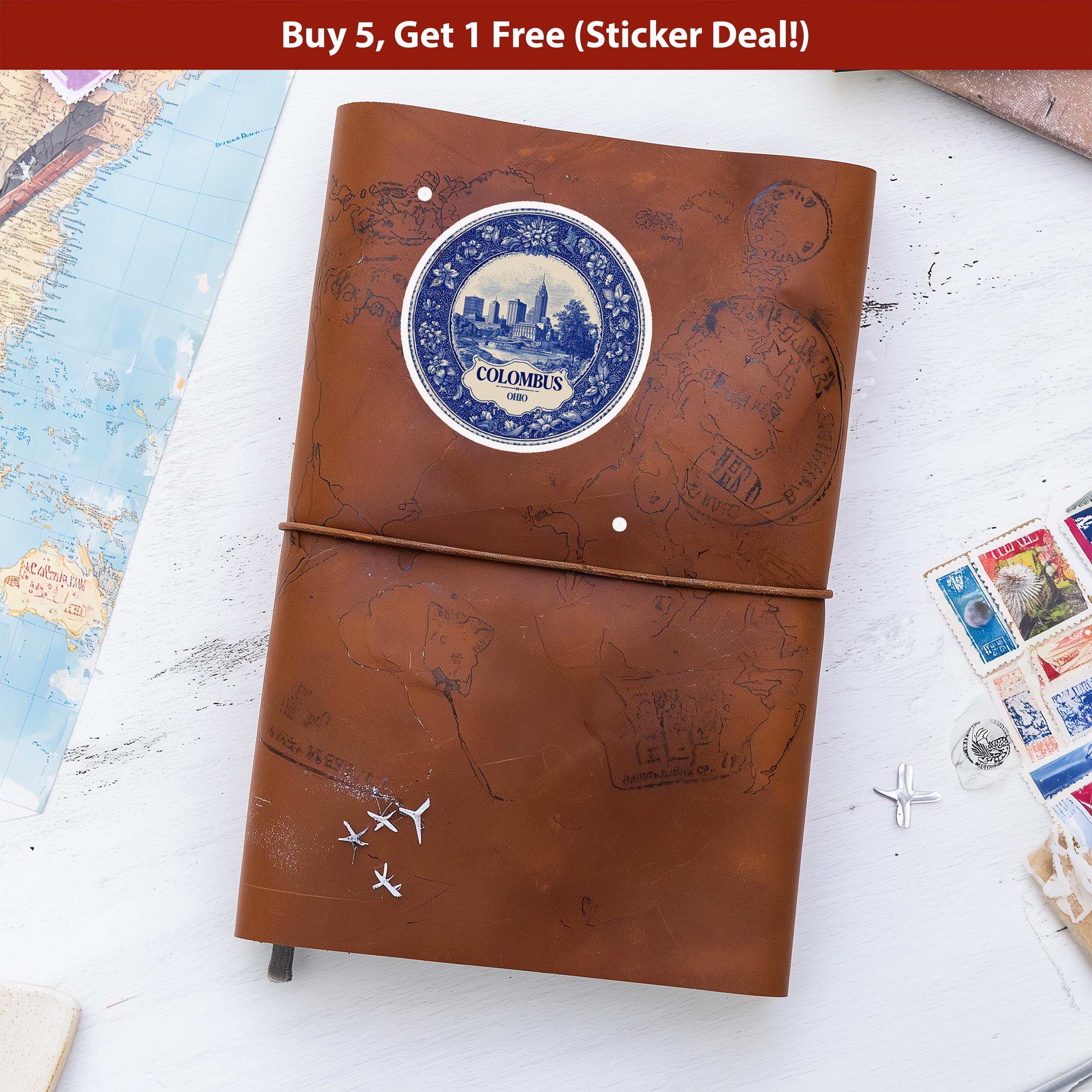 Columbus Ohio Sticker Vintage Delft style, Delftware Decal Waterproof Vinyl, Blue City Travel USA