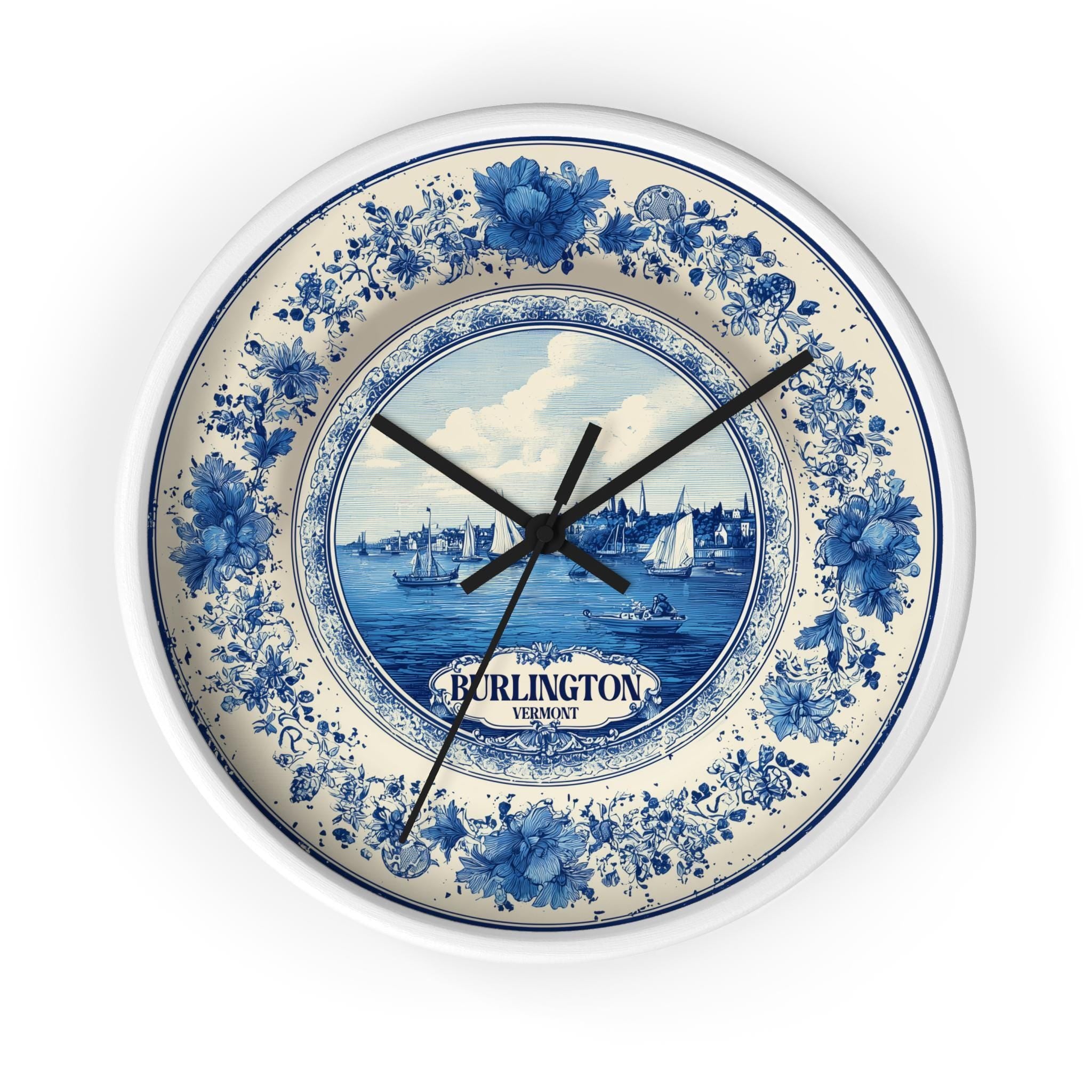 Burlington Vermont Wall Clock, Delf style Home Decor, Vintage City Travel Keepsake Art