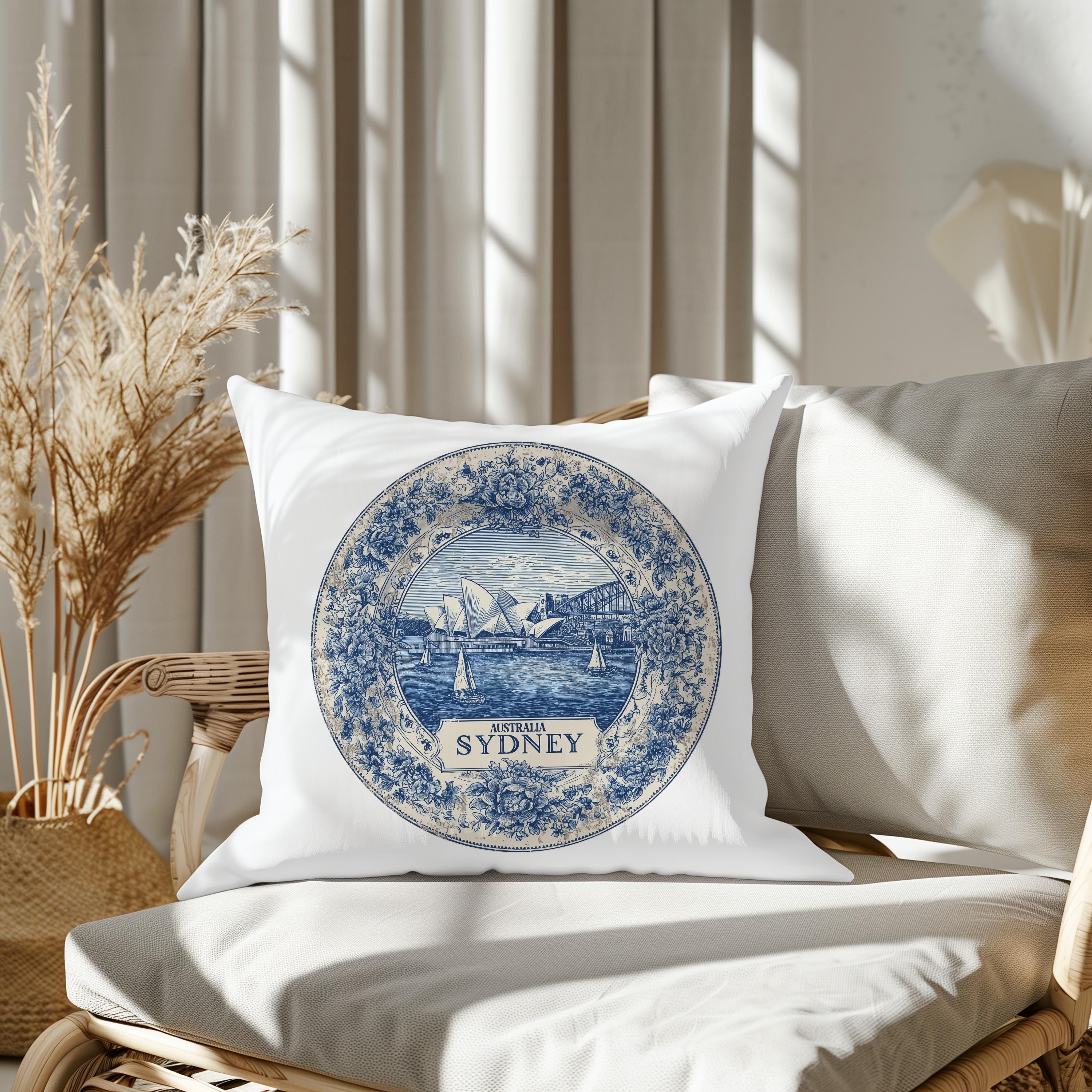Sydney Australia Pillowcase, Delft Style Decorative Throw Pillow, Vintage Cityscape Retro Home Decor