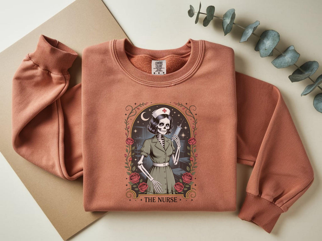 Gothic Nurse Halloween Sweatshirt, Spooky Tarot Card Skeleton RN Pullover, Retro Witchy Medical Apparel, Creepy Fall Top, Gift for Nurse