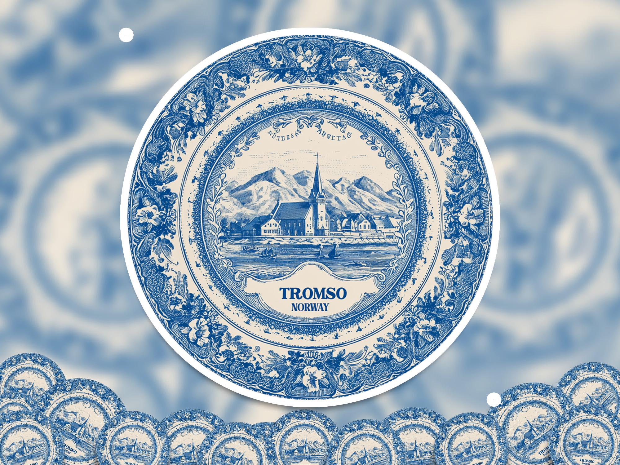 Tromso Norway Sticker Vintage Delft style, Delftware Decal Waterproof Vinyl, Blue City Travel