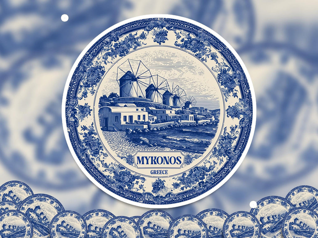 Mykonos Greece Sticker Vintage Delft style, Delftware Decal Waterproof Vinyl, Blue City Travel